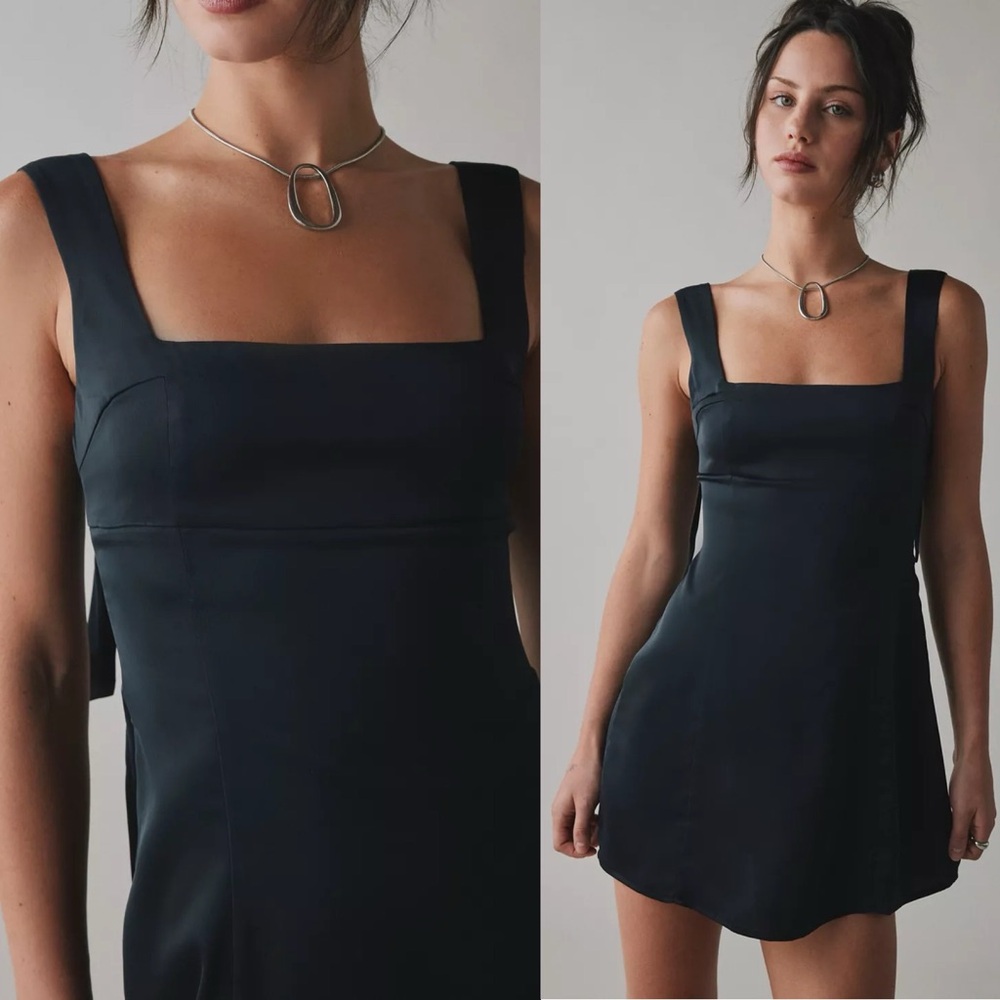 Urban Outfitters Bri Double Bow Satin Mini Dress Black Womens Large EUC $59 - Picture 3 of 12